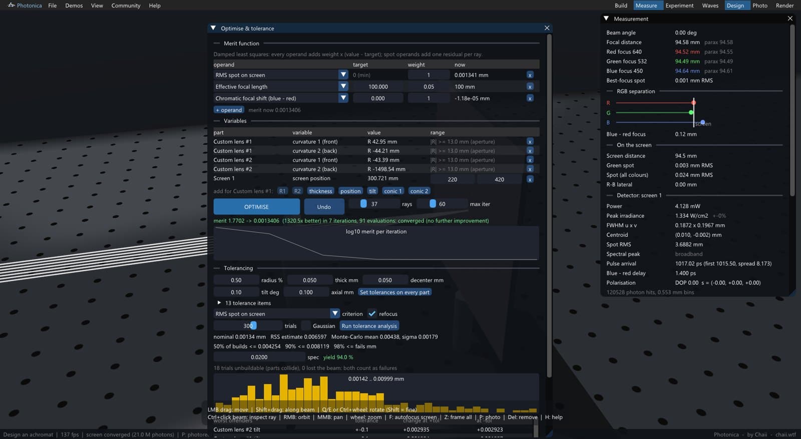 Photonica's optimiser and tolerancing panel designing an achromatic doublet