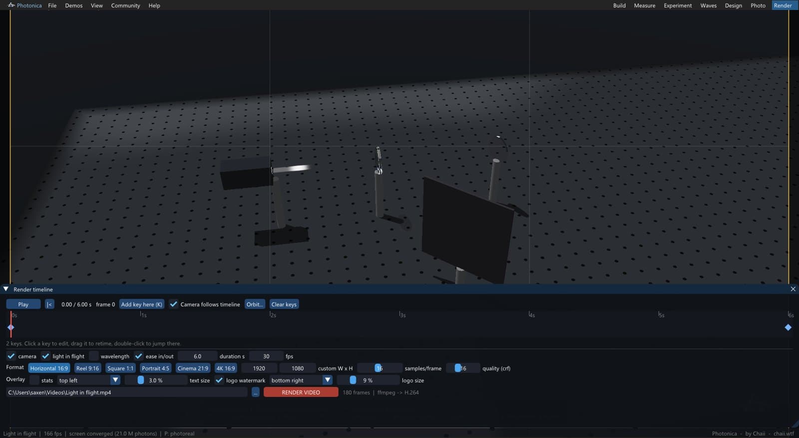 Photonica's render timeline preparing a video of light in flight